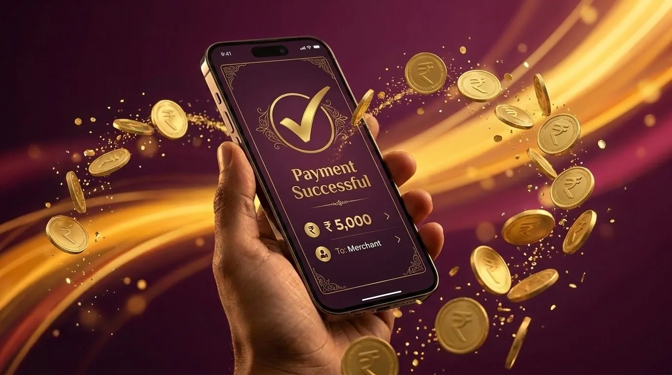 Illustration of deposit withdrawal on Radhe Exchange showing UPI, PhonePe, GPay, Paytm and IMPS payment icons on a phone