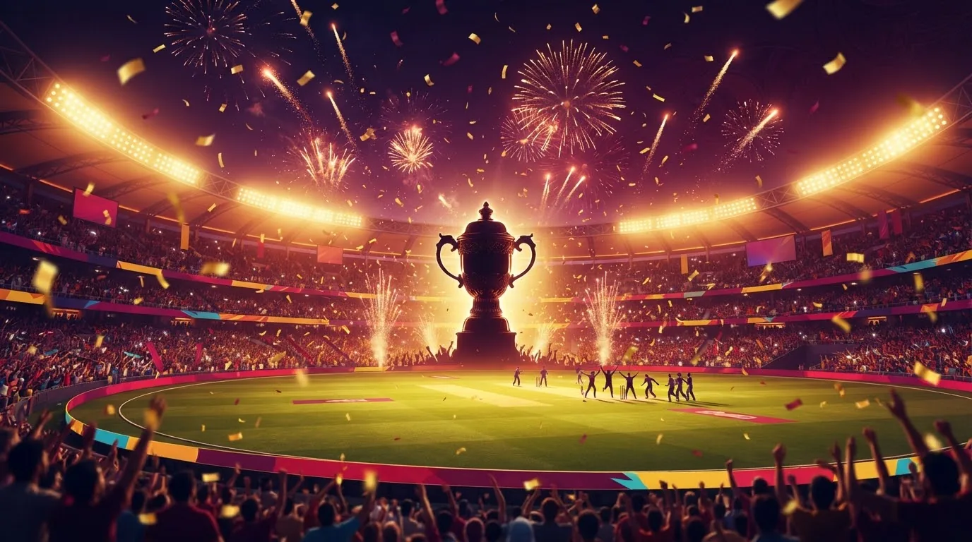 Fans watching an IPL night at a stadium while a phone shows live match odds from a Radhe Exchange ipl betting id