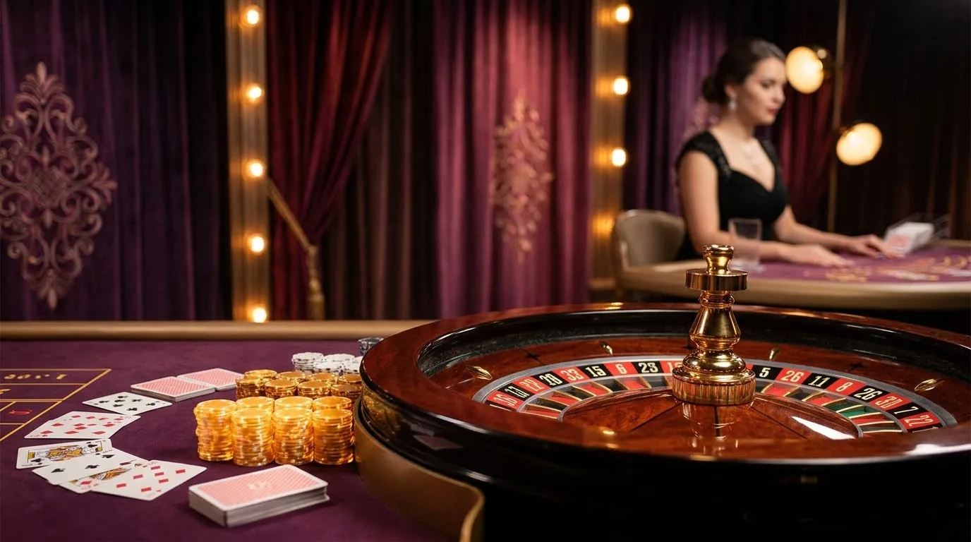 A Radhe Exchange live casino studio with a real dealer at a roulette wheel, streamed in HD to a mobile phone.