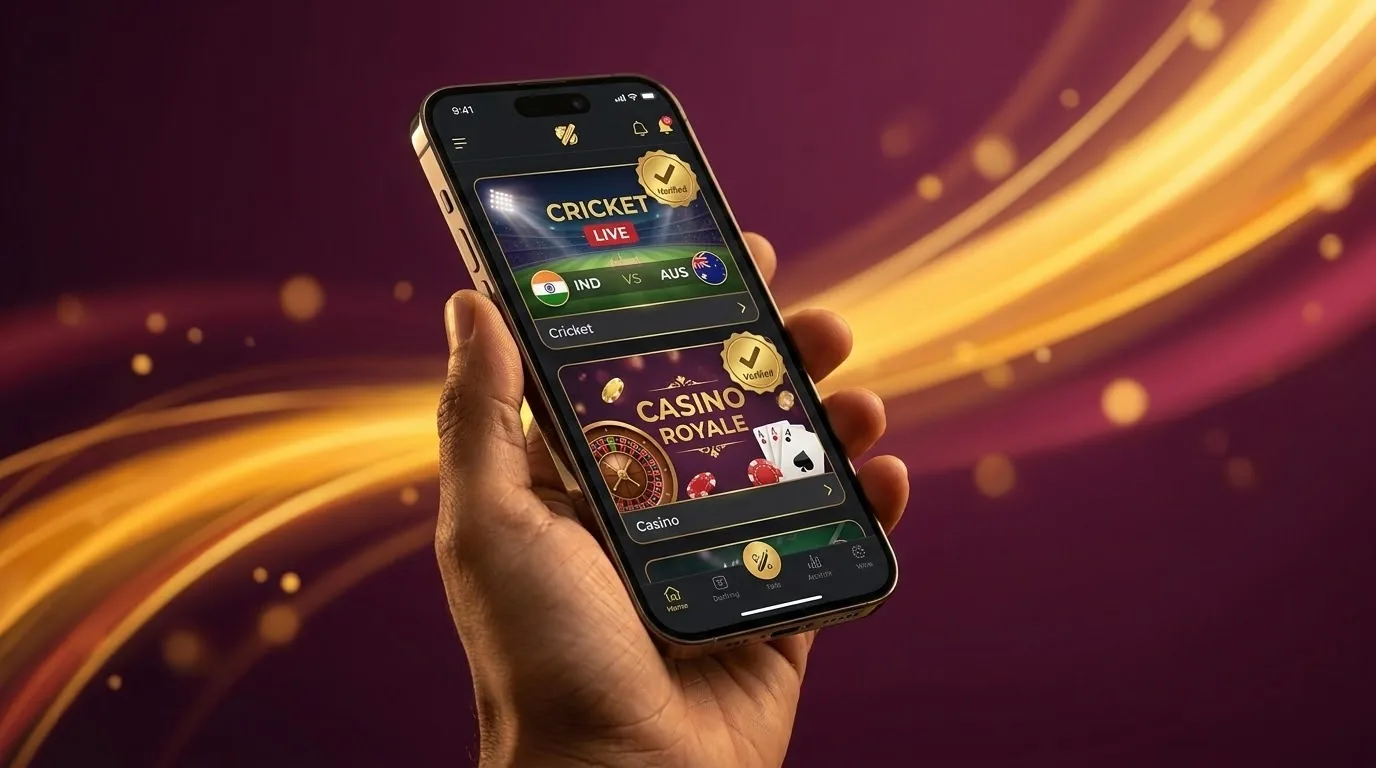 Radhe Exchange app home screen showing live cricket match odds and quick deposit button