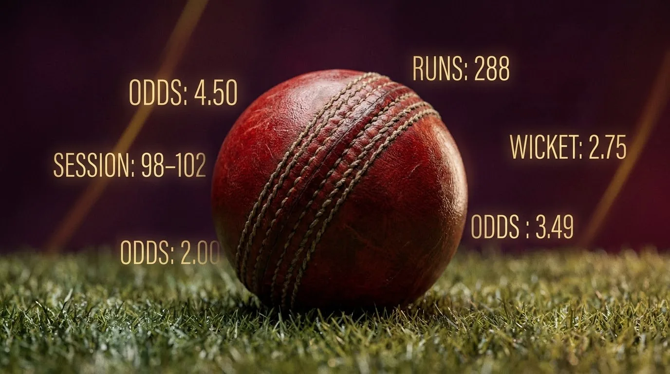Live cricket in-play screen showing session and fancy markets updating ball by ball